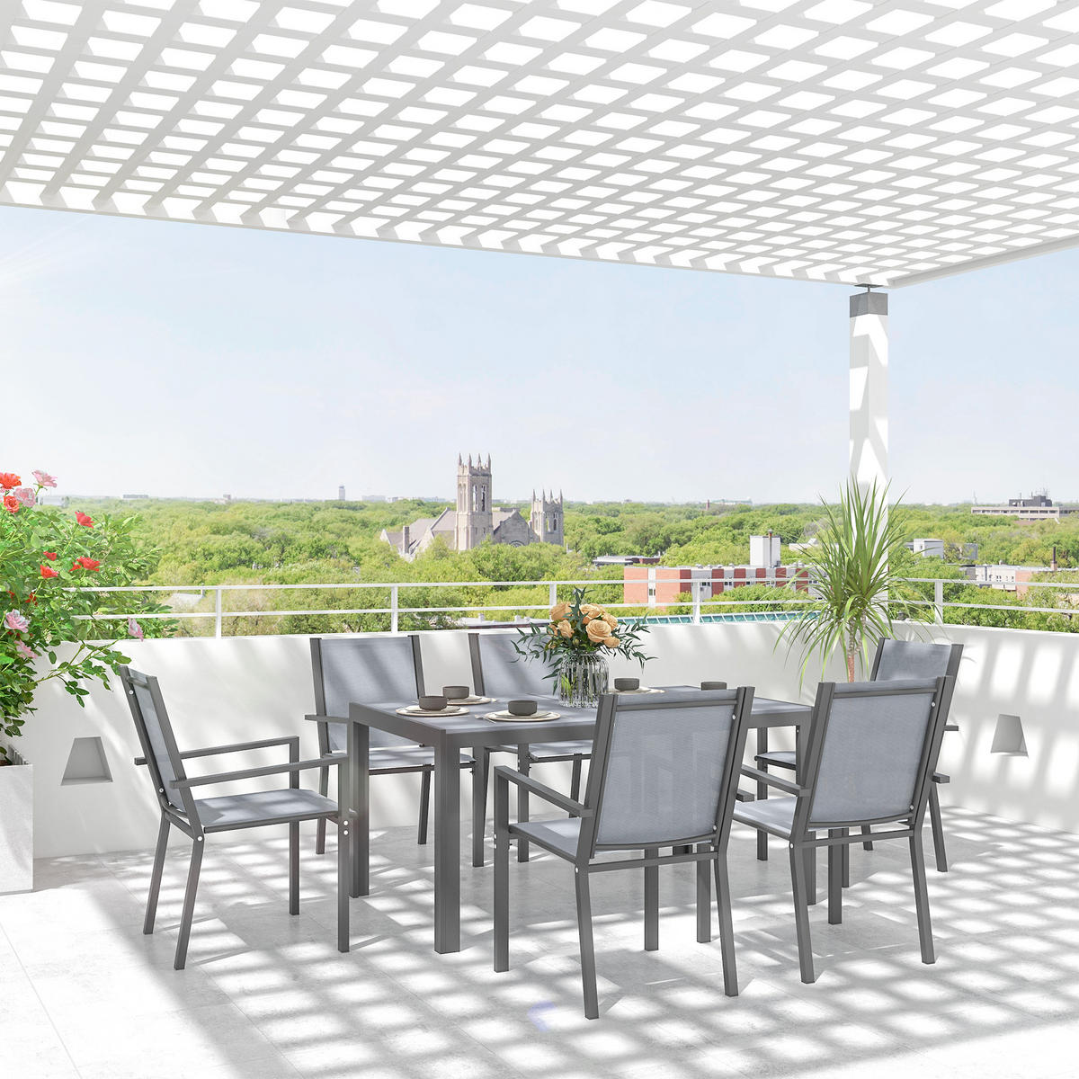 GARTENTISCHGRUPPE DE-18096 7-teilig, Tisch mit Kunstholz Grau - Dunkelgrau, Metall - ComfortXL