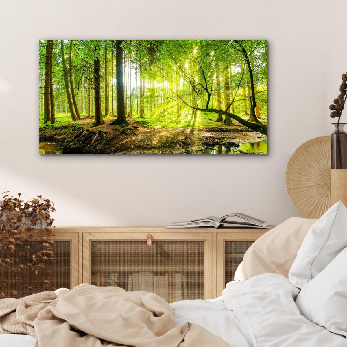 METALLBILD Wald - Landschaft - Wasser - Bäume - Sonne - Grün - Natur 80x40 cm - Grün, Metall (80/40cm) - MuchoWow