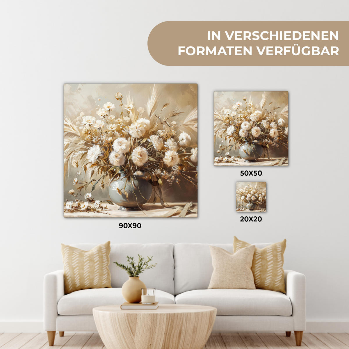 LEINWANDBILD Blumen - Vase - Stilleben - Beige 90x90 cm - Creme, Textil (90/90cm) - MuchoWow