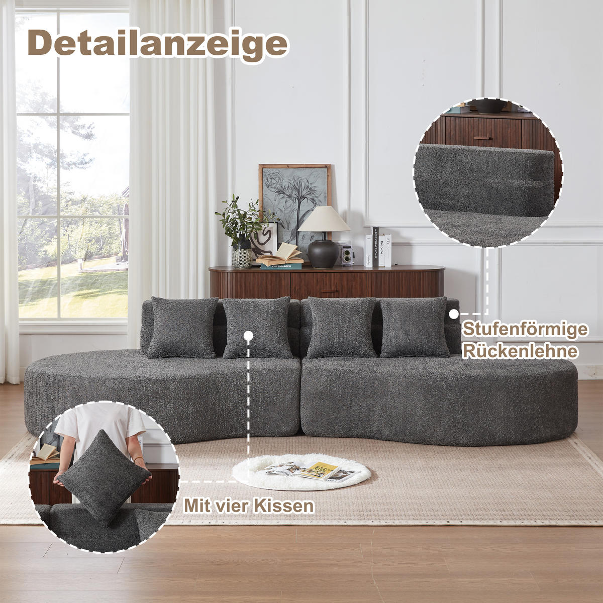 4-SITZER SOFA Chenille Grau Modulares 2-teiliges Design - Grau, Textil (310/65/110cm) - WISHDOR
