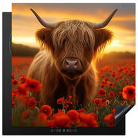HERDABDECKPLATTE Schottische Highlander - Rosen - Blumenfeld - Sonnenuntergang Induktionsmatte 78x78 cm - Rotbraun, Kunststoff (78/78/0.2cm) - MuchoWow