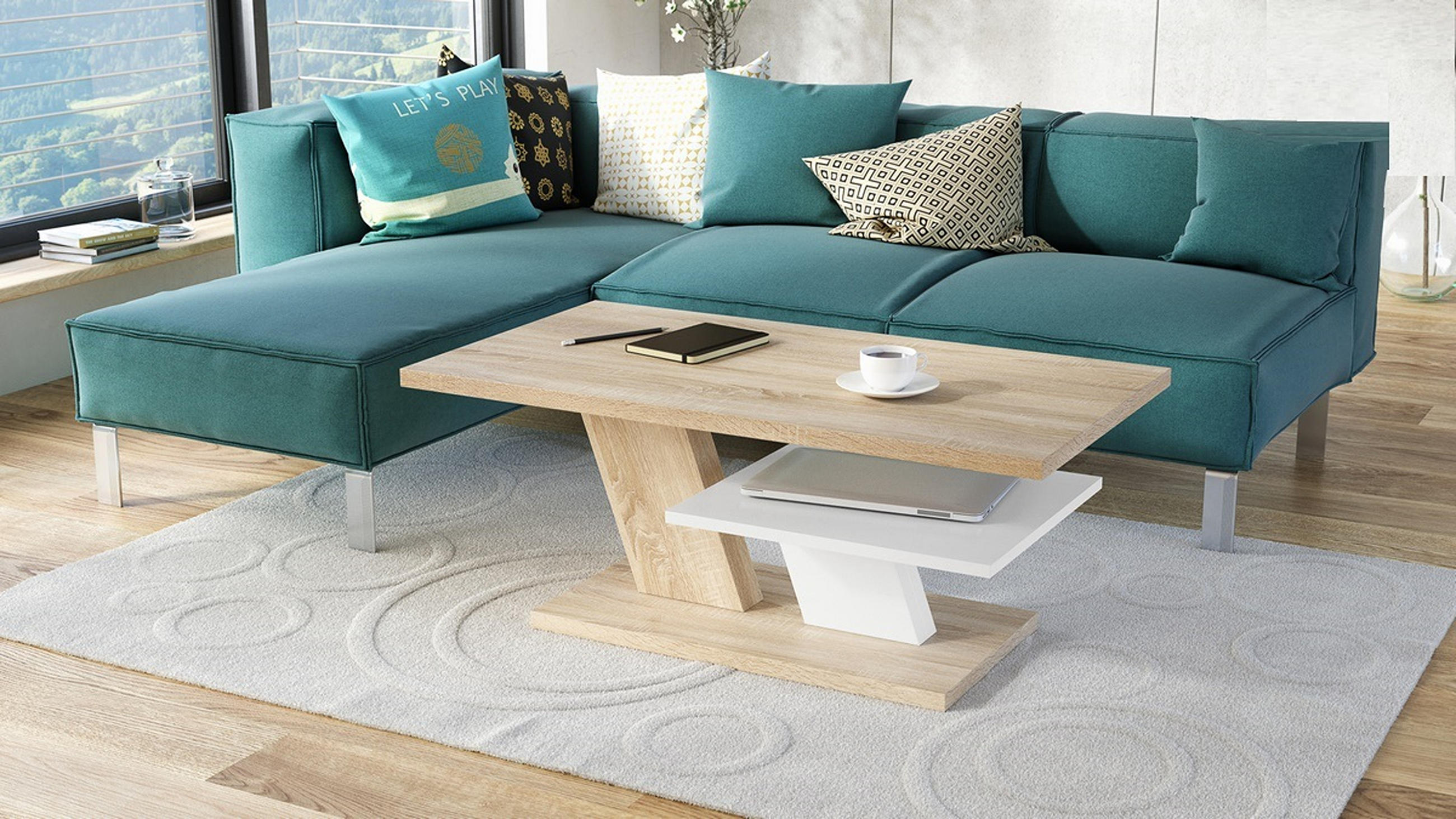 COUCHTISCH rechteckig Sonoma Eiche Weiß mit Ablage - Weiß/Sonoma Eiche, Holzwerkstoff (60/110/45cm) - designimpex