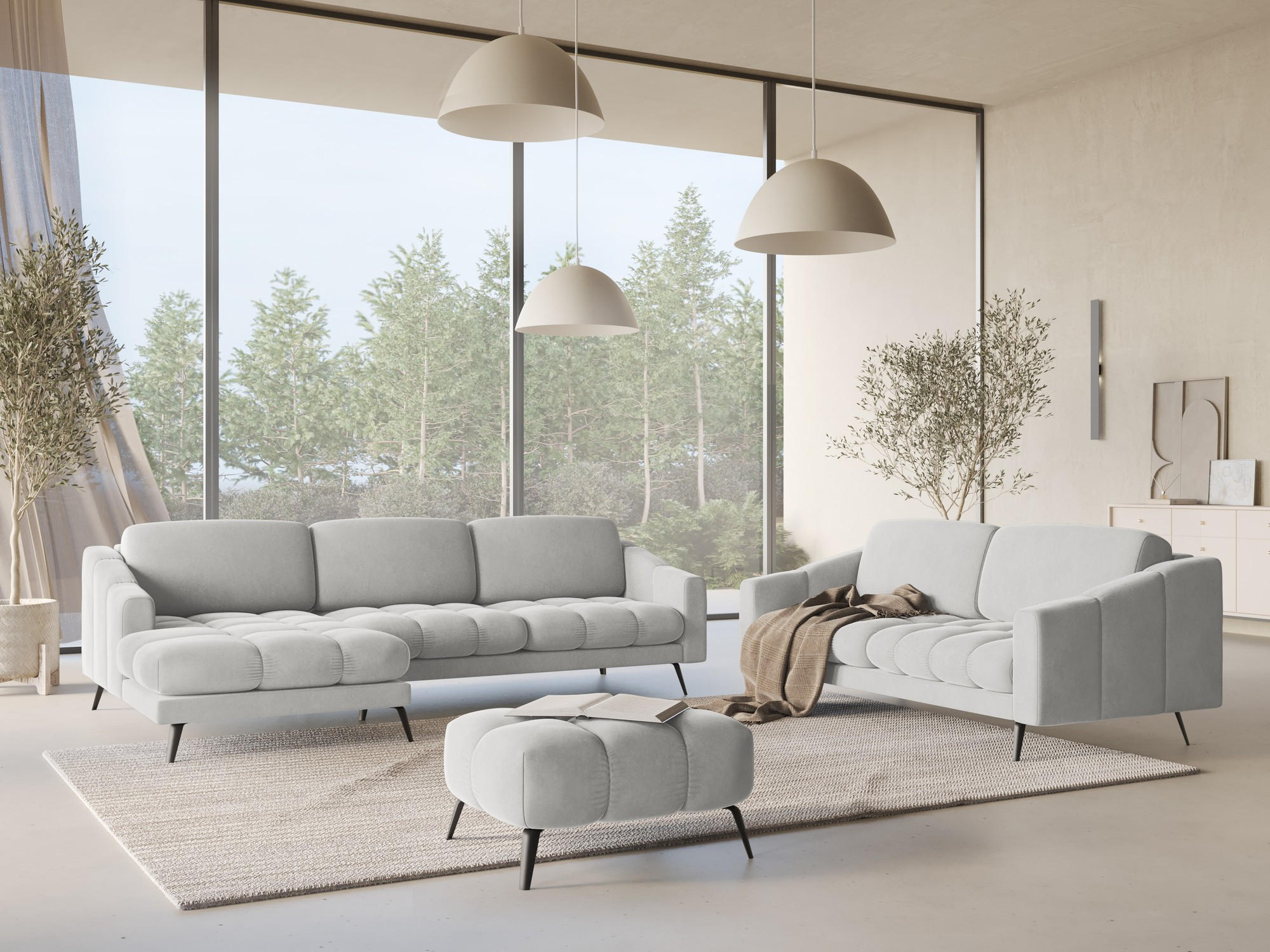 ECKSOFA Links Samt Stoff Grau - Silberfarben/Schwarz, Textil/Metall (160/264cm) - Makamii