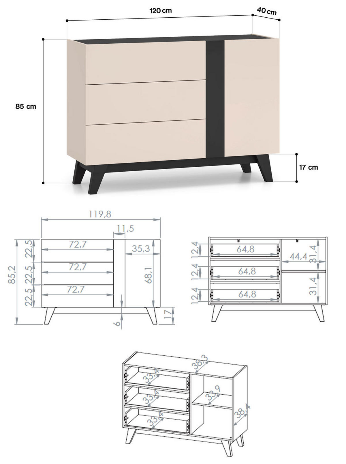KOMMODE Freshion Kaschmir / Schwarz 120 / 40 / 85cm - Kaschmir/Creme, Holz/Holzwerkstoff (120/85/40cm) - Feldmann-Wohnen