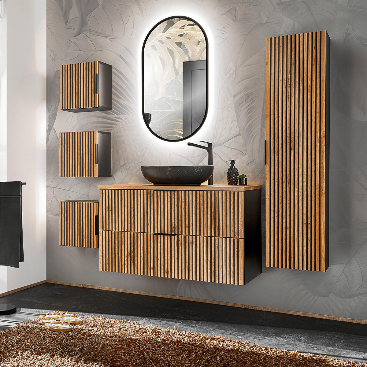 WASCHTISCHUNTERSCHRANK 80.6cm Gaia Holz in Eichenoptik und Schwarz - Schwarz, Holzwerkstoff (80.6/59/46cm) - Petits-meubles