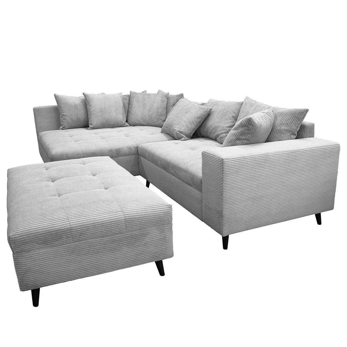 ECKSOFA mit Ottomane und Hocker - Hellgrau/Schwarz, Birkenholz/Textil (247/174cm) - home24