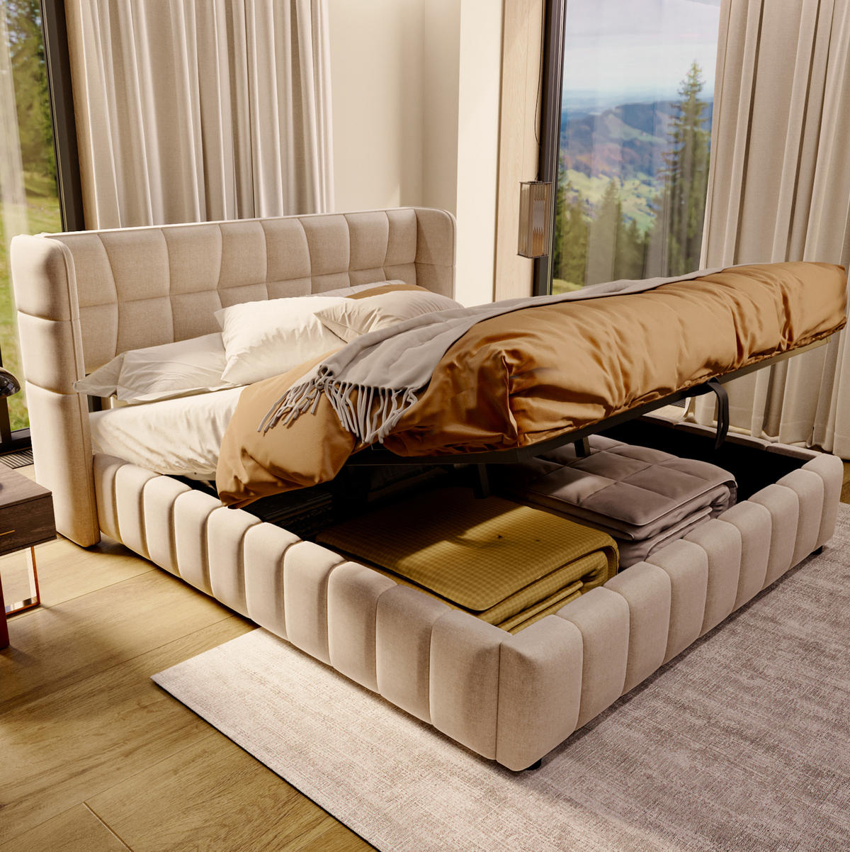 POLSTERBETT aus Stoff und Metall 180x200 cm Beige mit Stauraum und Hebemechanismus - Beige, Textil (180/200cm) - IVMEU