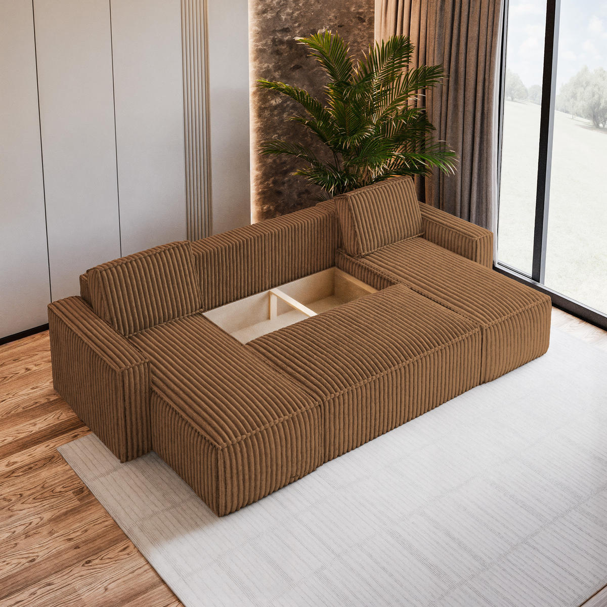 WOHNLANDSCHAFT PESANO T Kupferfarben Kordstoff mit Schlaffunktion - Kupferfarben, Holz (306/85/140cm) - MASSENO