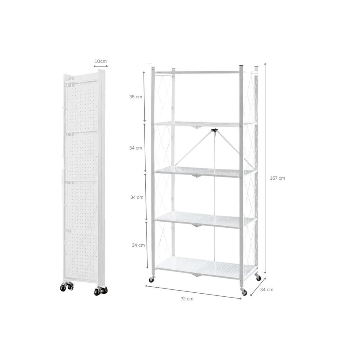 KLAPPREGAL auf Rollen 5 Fachböden Belastbarkeit 250kg 167x72x34 cm Weiß - Weiß, Metall (72/167/34cm) - PROREGAL