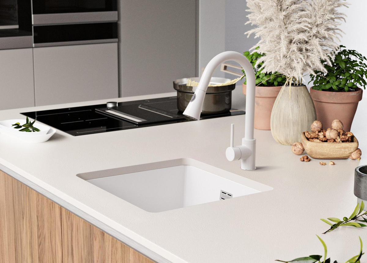 UNTERBAUSPÜLE GRANIT London, 2-er set Weiß 46/47 cm 1 Becken + Küchenarmatur 40/20 cm + Ablauf-Set ab 50er Unterschrank - Chromfarben/Weiß, Kunststoff (46/20/47cm) - Primagran