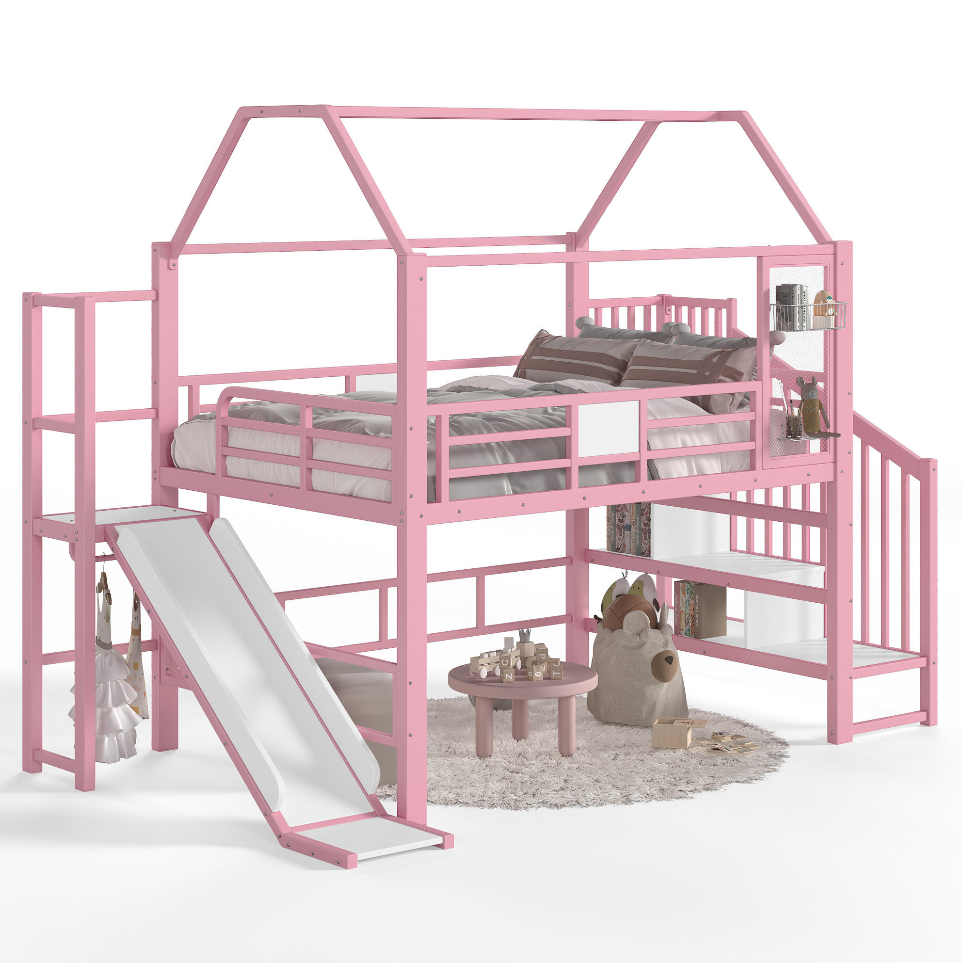 KINDERHOCHBETT MDF & Metall 140x200 cm Pink im Hausdesign mit Rutsche, Treppe mit Ablagen und LED-Beleuchtung - Pink, Holzwerkstoff (140/200cm) - Modfu