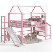 KINDERHOCHBETT MDF & Metall 140x200 cm Pink im Hausdesign mit Rutsche, Treppe mit Ablagen und LED-Beleuchtung - Pink, Holzwerkstoff (140/200cm) - Modfu