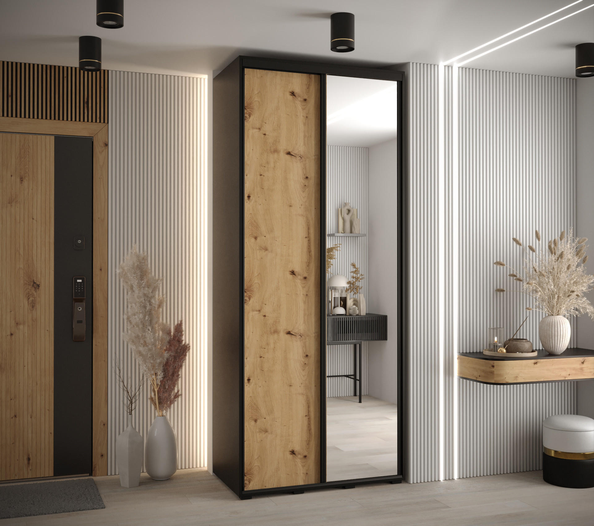 SCHWEBETÜRENSCHRANK 235,2/110/45 2-türig - Schwarz/Eiche Artisan, Holz/Metall (110/235/45cm) - Abiks Möbel