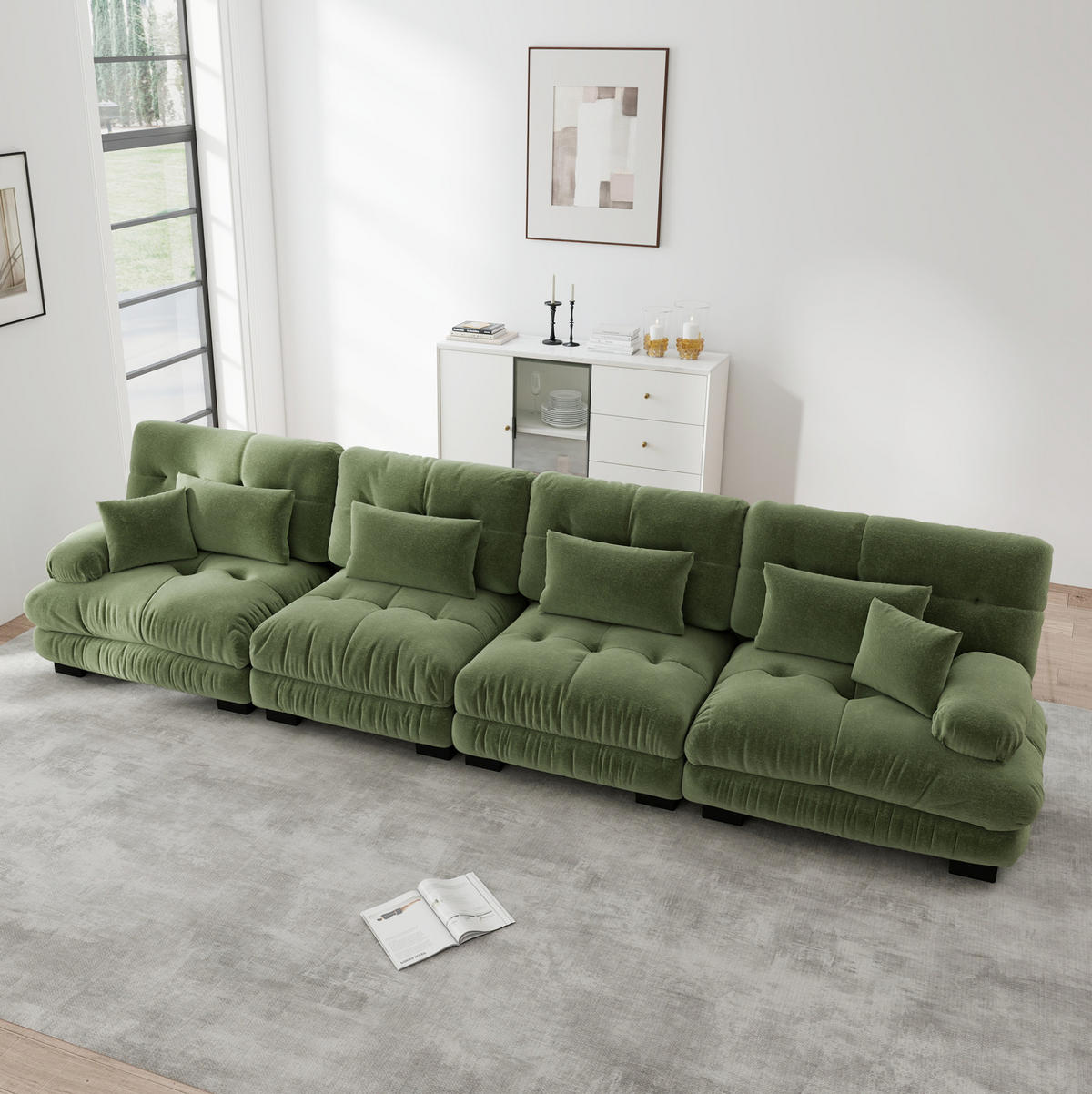 MODULÁRNÍ rohová pohovka z chenillu 406x77x81 cm zelená s hlubokým sedem a měkkým polstrováním - zelená barva, textil (77/81/406cm) - Modfu