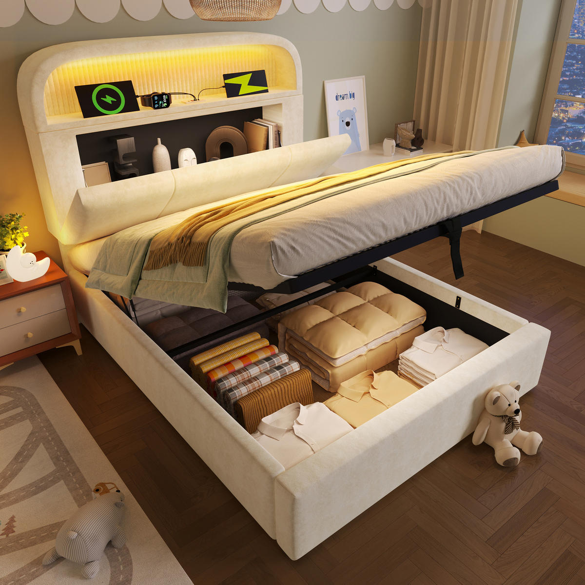POLSTERBETT 90/200 cm Beige aus Samt mit Stauraum, LED-Beleuchtung und USB - Beige, Textil (90/200cm) - Flora Grace