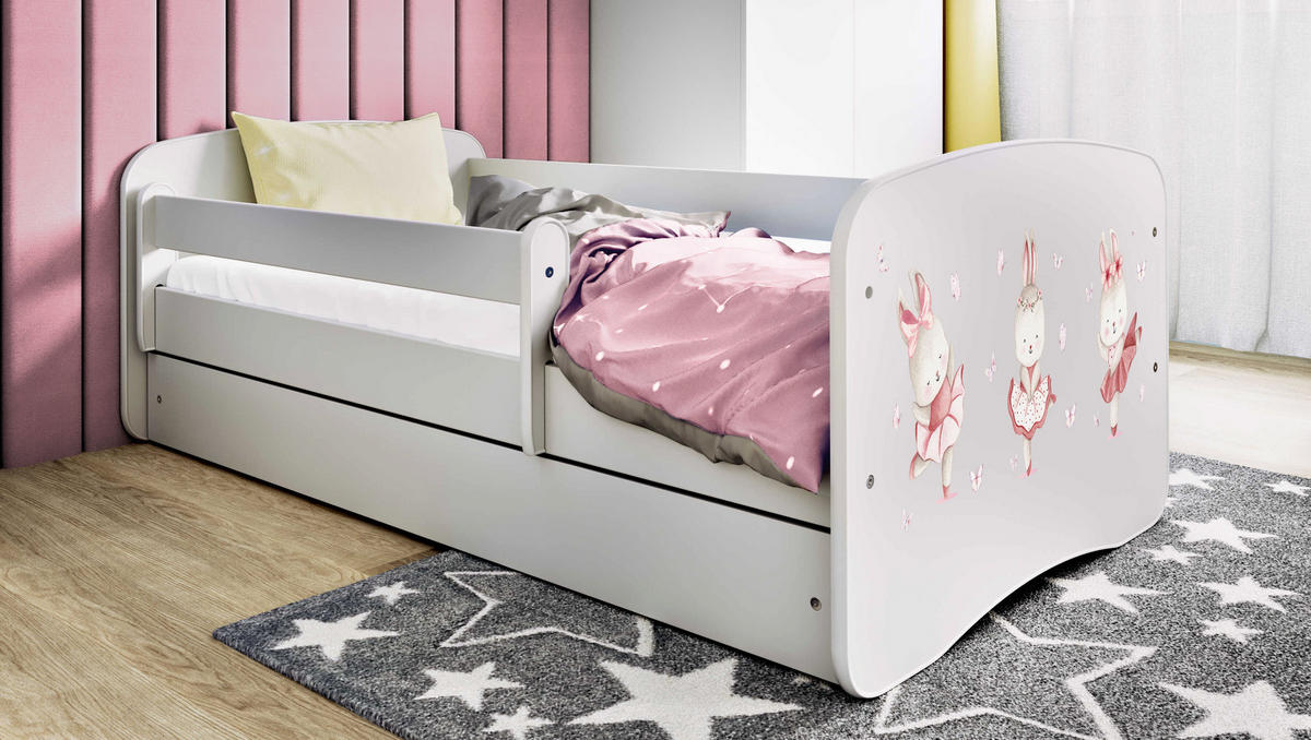KINDERBETT Kaninchen mit Schmetterlingen mit Schublade 140/70 80/61/144 - Weiß, Holzwerkstoff (70/140cm) - RAUMHIRSCH FURNITURE