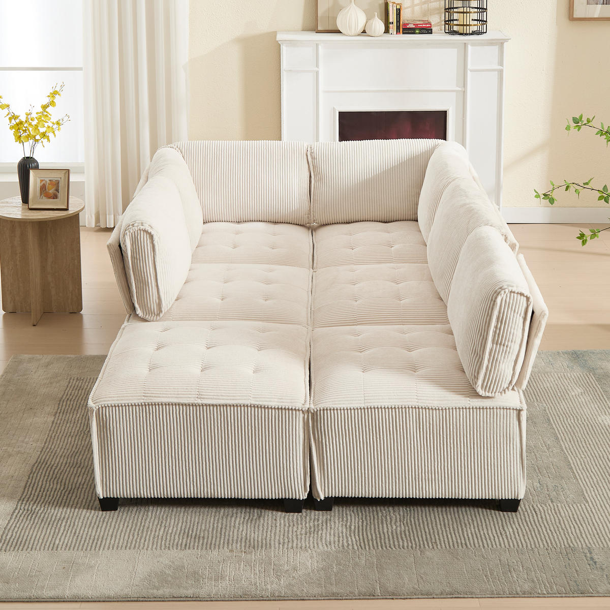 MODULARES 6-Sitzer Sofa Cord U-/L-Form und Eckschlafsofa Beige 308/154/82 cm - Beige, Textil (154/308cm) - Redom