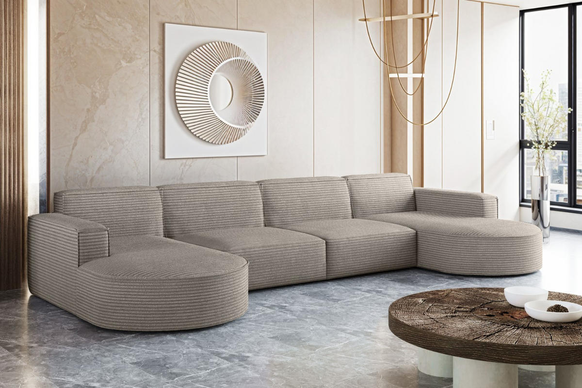 ECKSOFA U-Form XL Designer MODENA stoff Dicker Cord Poso Hellbraun - Hellbraun, Holz (165/382cm) - Kaiser Möbel