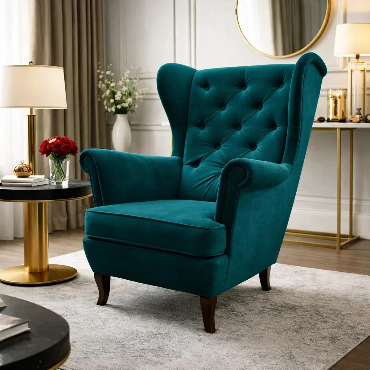 CHESTERFIELD-SESSEL Falco türkis mit Holzbeinen - Türkis/Wengefarben, Holz/Textil (82/102/92cm) - Beautysofa