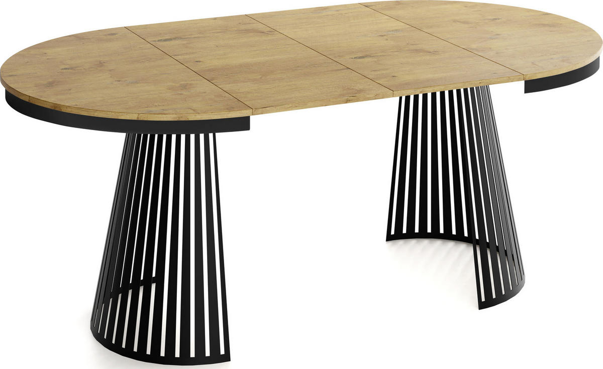 ESSTISCH Naro rund ausziehbar mit Schwarzem Lamellen-Metallgestell, Braun 120-200/120/76 cm - Eichefarben/Schwarz, Holzwerkstoff/Metall (120/120/76cm) - WFL GROUP