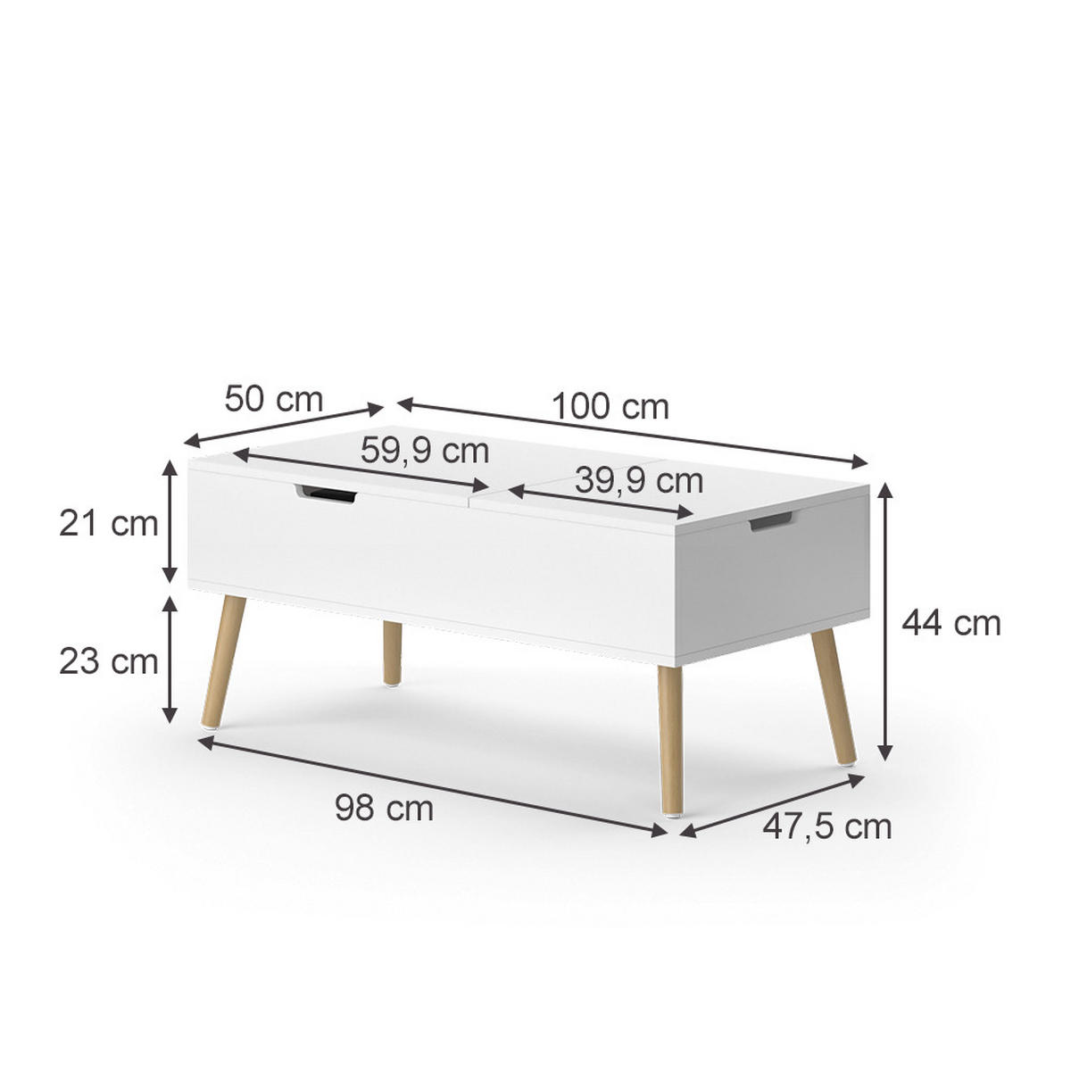COUCHTISCH Riga Weiß 100 x 44 cm ausziebar - Weiß, Holzwerkstoff (50/100/44cm) - Vicco