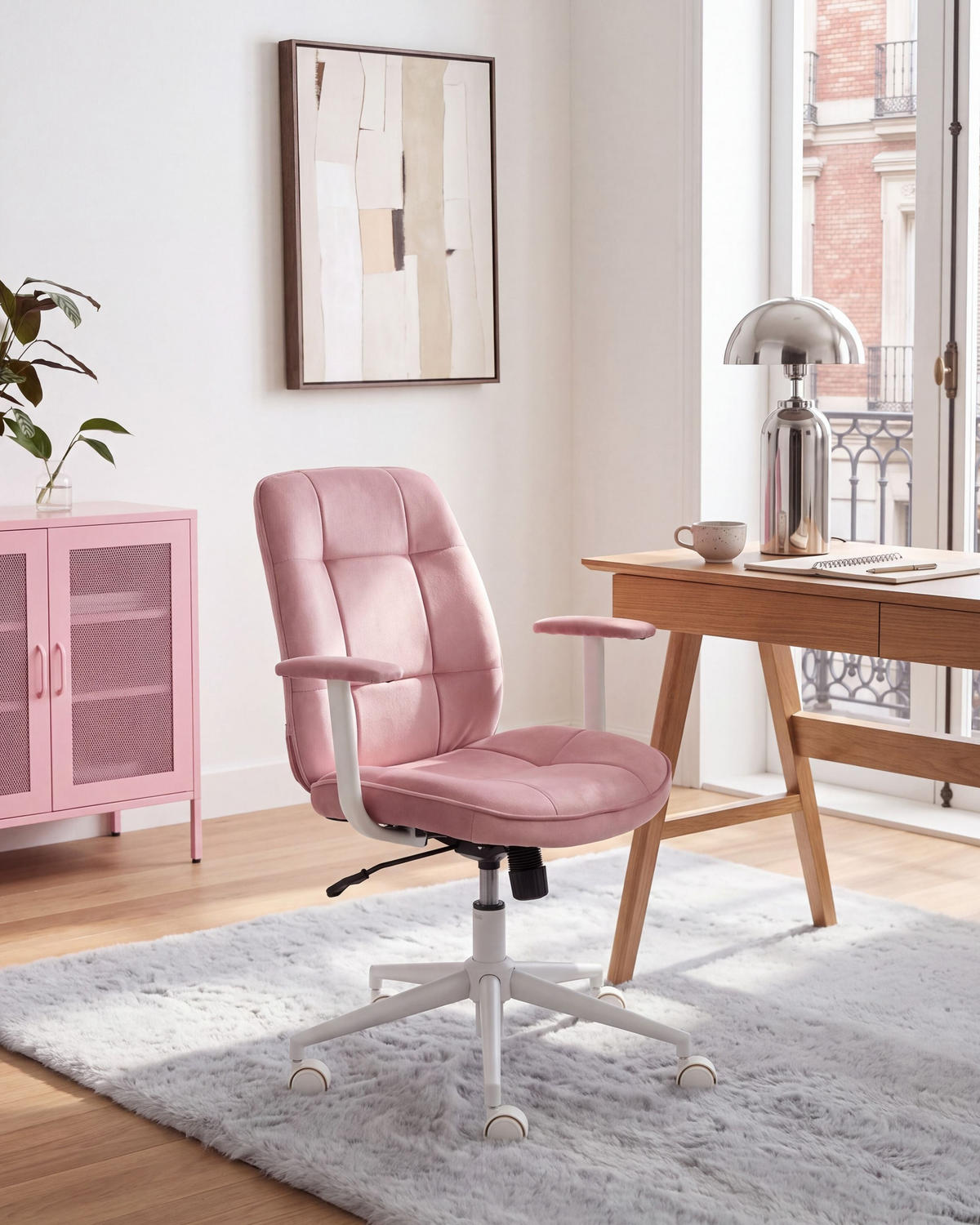 BÜROSTUHL Samtstoff Rosa Carlton - Pink/Weiß, Textil/Metall (60/87/60cm) - Beliani