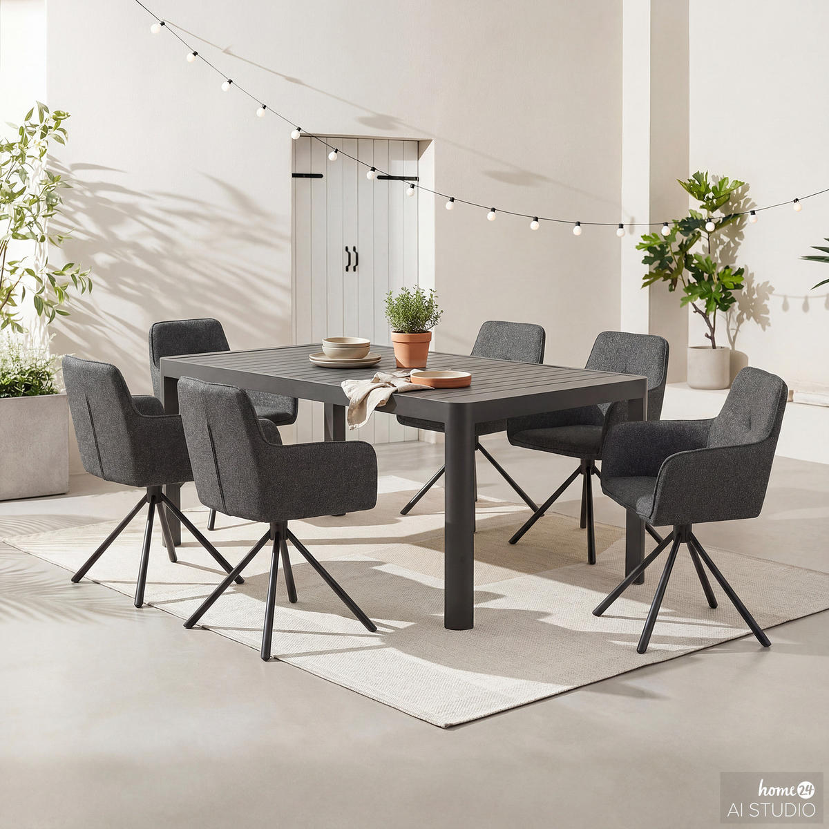 GARTENESSGRUPPE - 7-teilig - Stahl / Polyester - Schwarz / Grau - Schwarz/Grau, Textil/Metall - home24