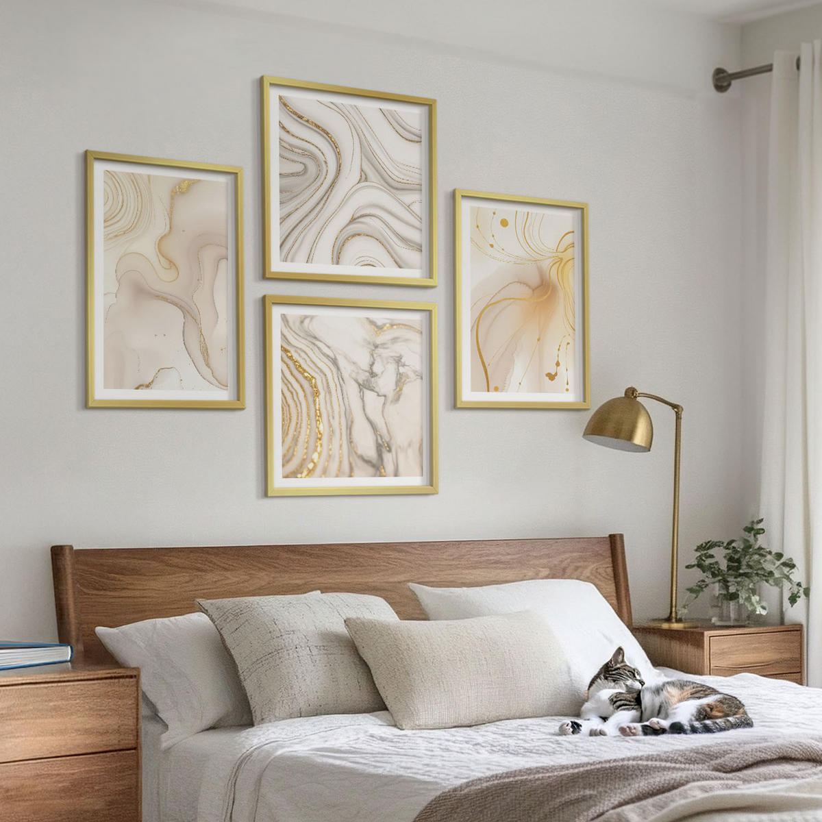 BILDER SET 4er Set - 50x50 cm & 40x60 cm Goldrahmen - Subtile abstrakte Muster - Goldfarben, Kunststoff (50/50cm) - TULUP