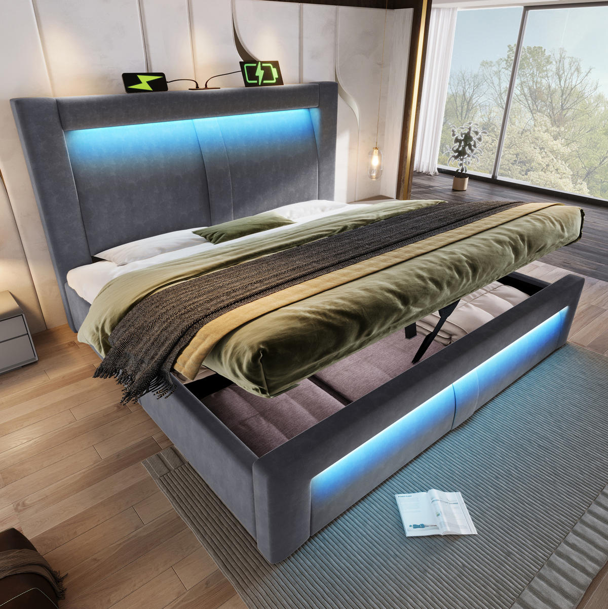 POLSTERBETT 160/200 cm Grau aus Samt mit Stauraum LED und USB/Typ-C mit Matratze - Grau, Textil (160/200cm) - OKWISH