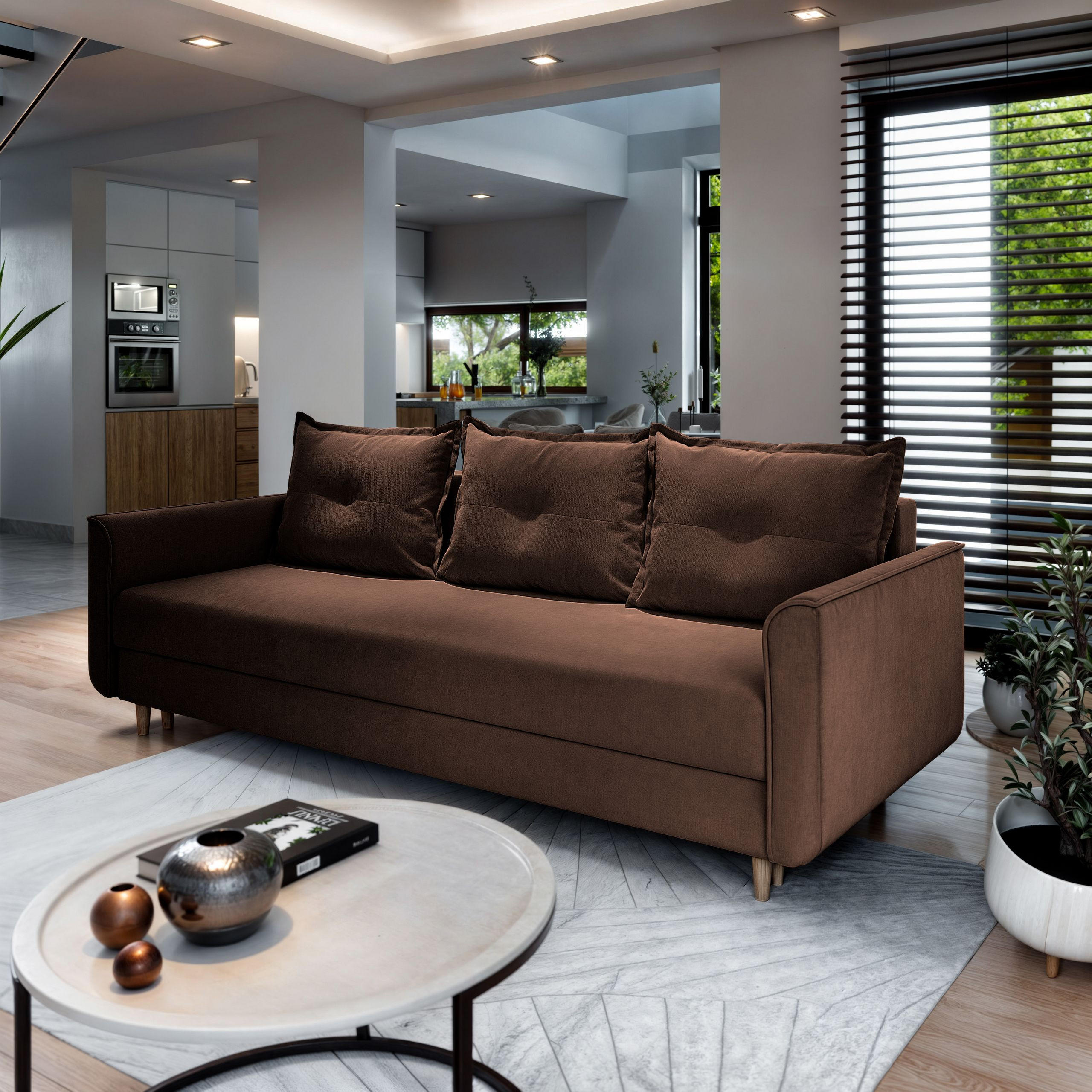 BETTSOFA NAPOL Braun Plüsch-Stoff mit Schlaffunktion - Braun, Textil (220/93/87cm) - MASSENO