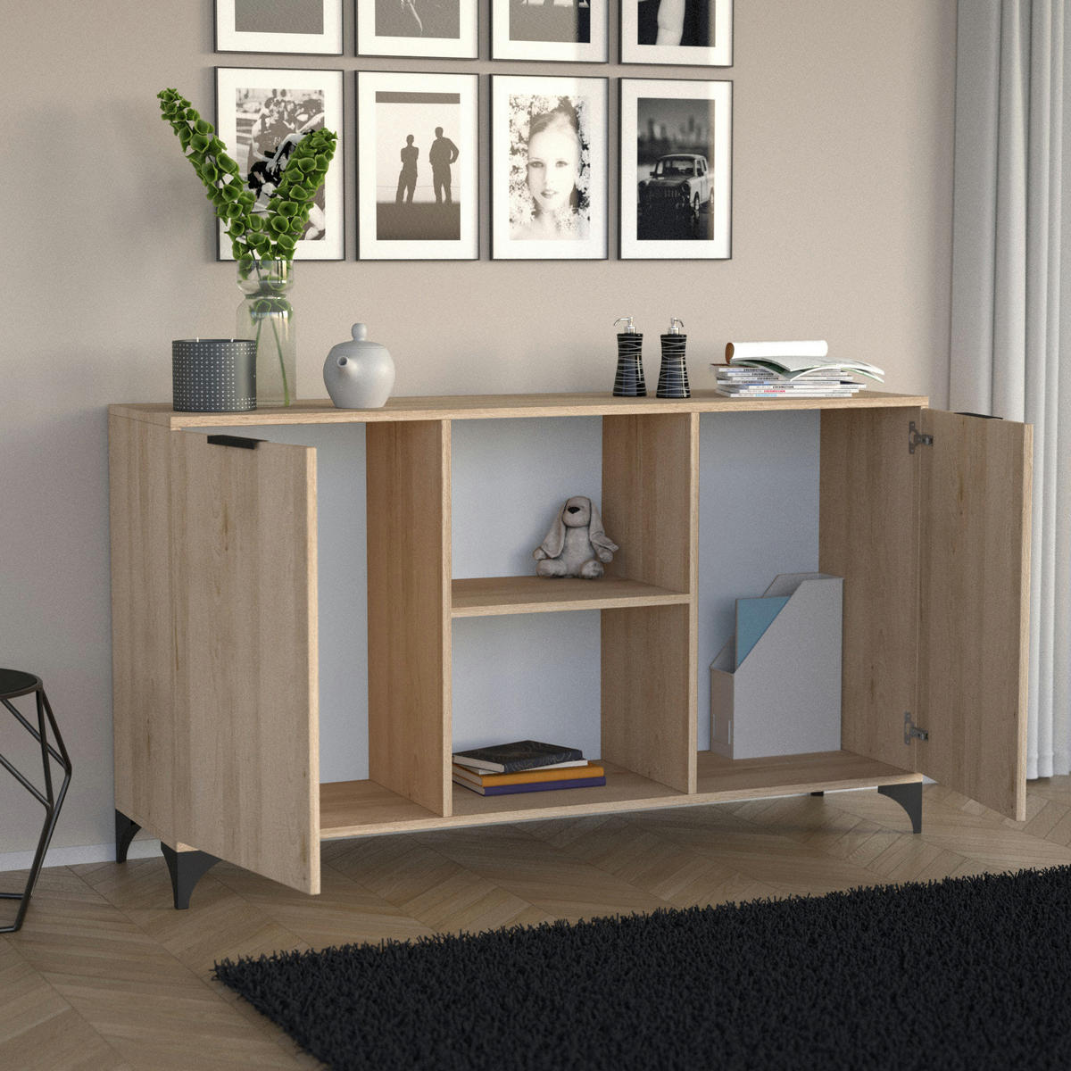 KOMMODE Home mit 2 Türen, mit Griffen, eiche Artisan - Schwarz/Eiche Artisan, Holzwerkstoff (150/85/40cm) - Beautysofa