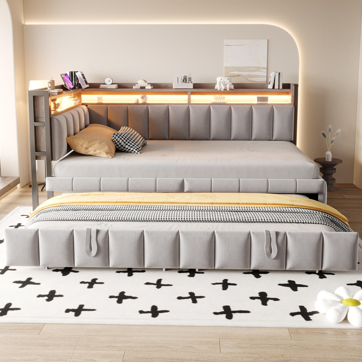 POLSTERBETT Schlafsofa aus Samt 90x200 cm Hellgrau mit Ausziehbett, LED-Beleuchtung und USB-/Typ-C-Anschlüssen - Hellgrau, Textil (90/200cm) - Modfu