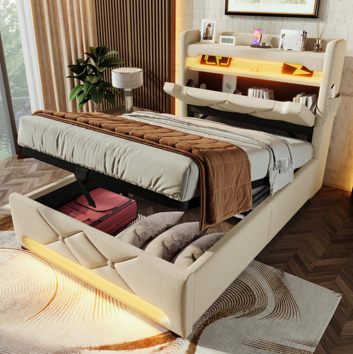 BETT mit LED, Stauraum und Matratze 90x200 cm Leinen Beige - Beige, Metall (90/200cm) - Meubliv