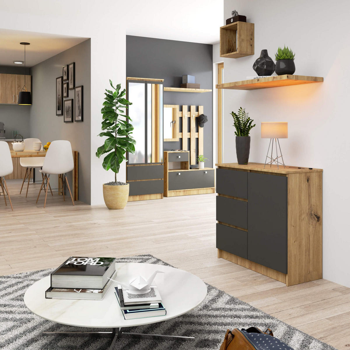 KOMMODE Jerry, Artisan-Grau, 35x80x77 cm - Eiche Artisan/Grau, Holz (80/77/35cm) - Milordbikes