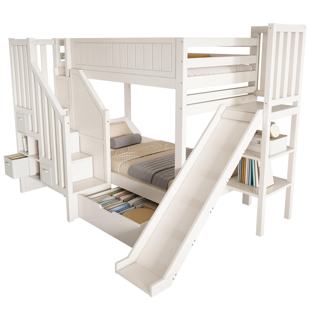 ETAGENBETT 90x200 cm in Weiß mit Rutsche & Stauraum - Weiß, Holzwerkstoff (90/200cm) - Modfu