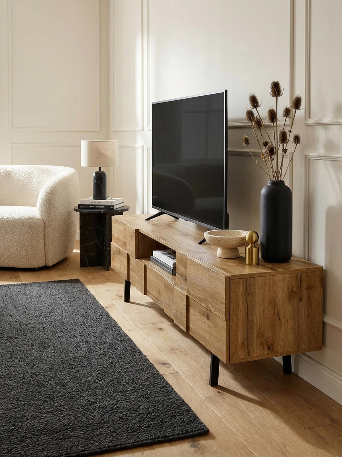 LOWBOARD Eiche-Dekor Modern Stil mit Kachelmuster für Konsolen und DVDs - Schwarz/Braun, Holz/Metall (160/46/43cm) - KADIMA DESIGN