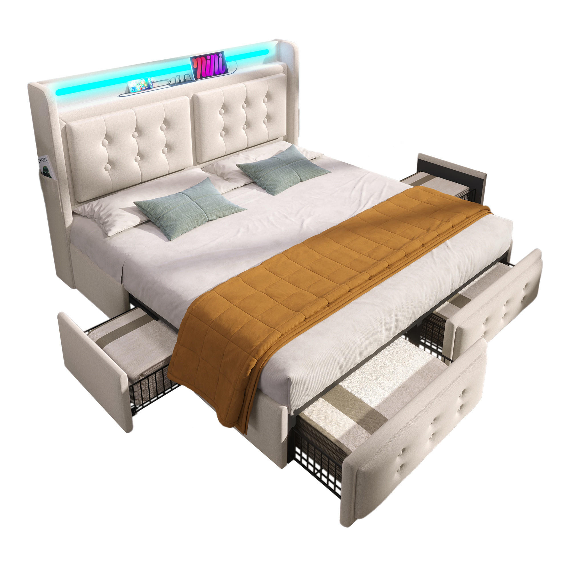 POLSTERBETT 160/200 cm mit LED, USB-C, 4 Schubladen und Matratze in Beige - Beige, Textil (160/200cm) - BEAOK