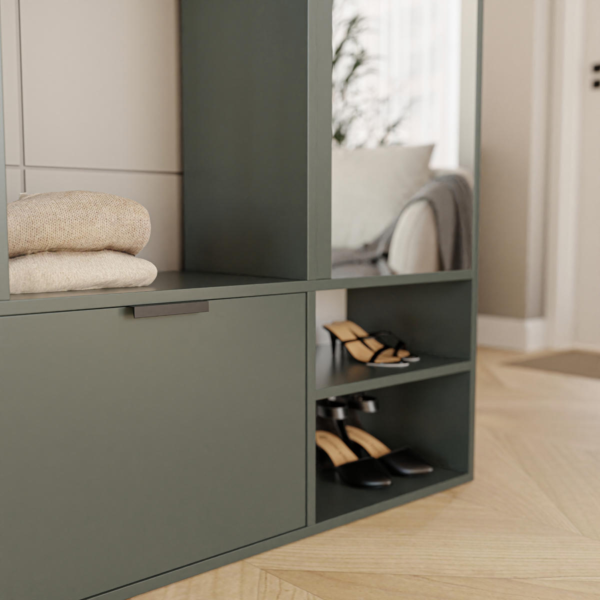 GARDEROBENSCHRANK mit Spiegel-mit Ablagen und Kleiderstange - Grün, Holzwerkstoff (100/190/33cm) - Idohome