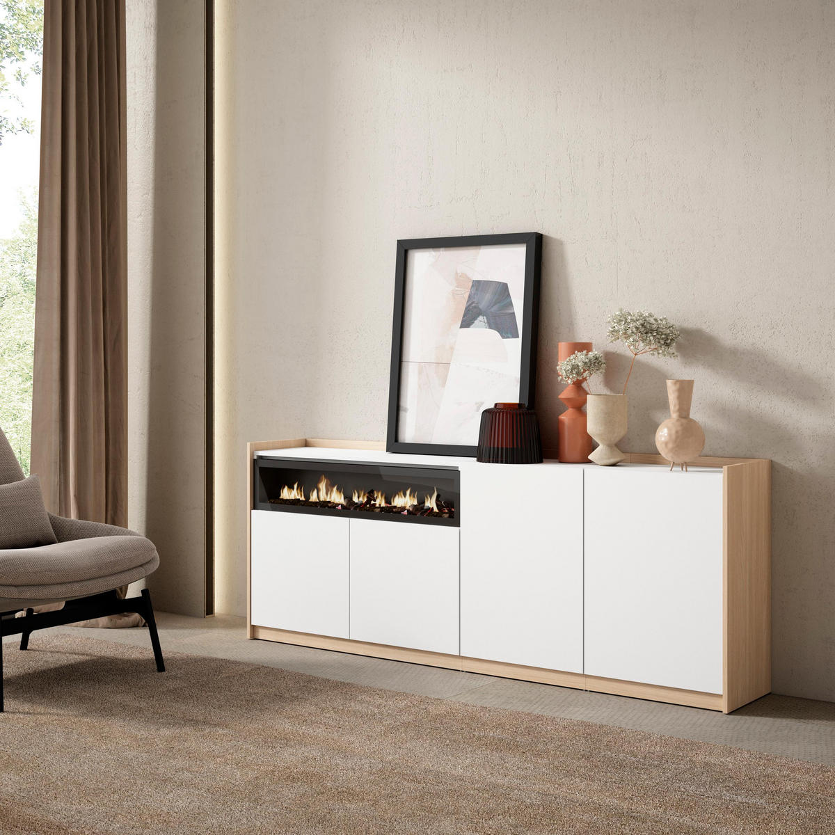 SIDEBOARD, Highboard, Weiß und Eiche Soft, Elektrokamin, 207/37/80cm - Weiß, Holzwerkstoff (207/80/37cm) - Skraut Home