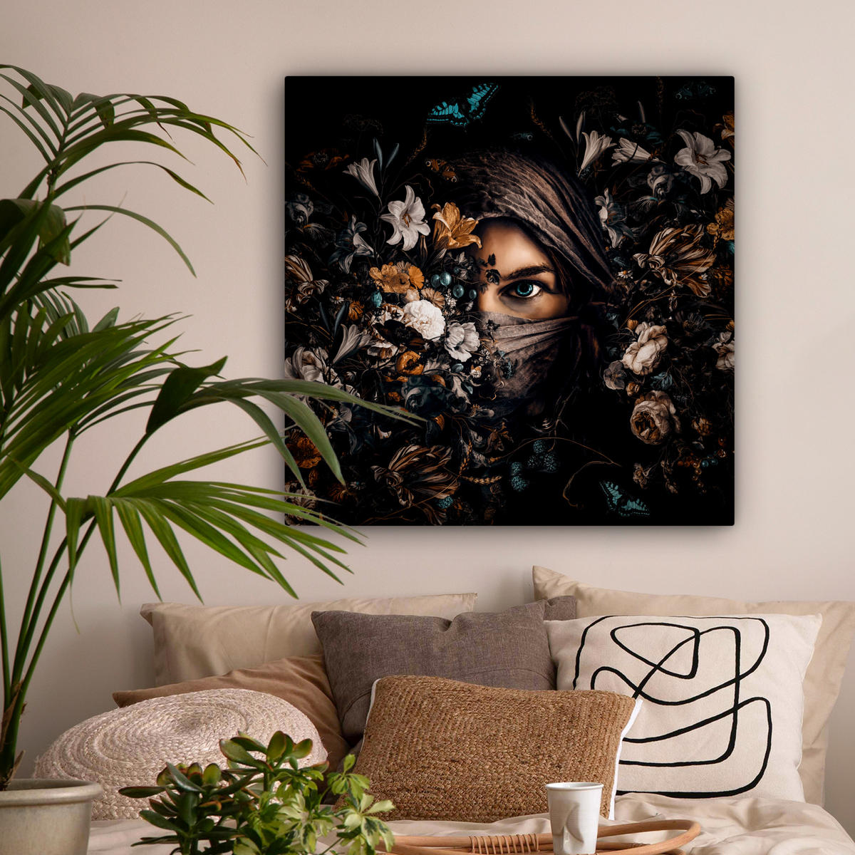 LEINWANDBILD Frau - Luxus - Blumen - Schmetterling - Porträt 90x90 cm - Schwarz, Textil (90/90cm) - MuchoWow