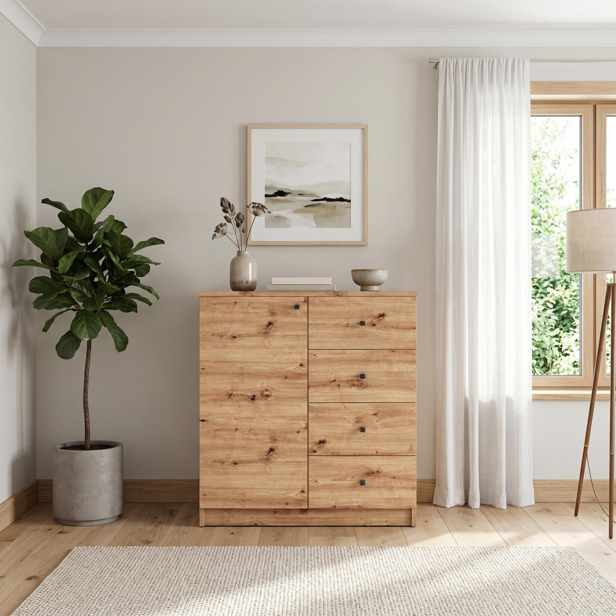 KOMMODE NATURIO 80/87/40cm mit 4 Schubladen 1 Türen Eiche Artisan - Eiche Artisan, Holzwerkstoff (80/87/40cm) - MASSENO