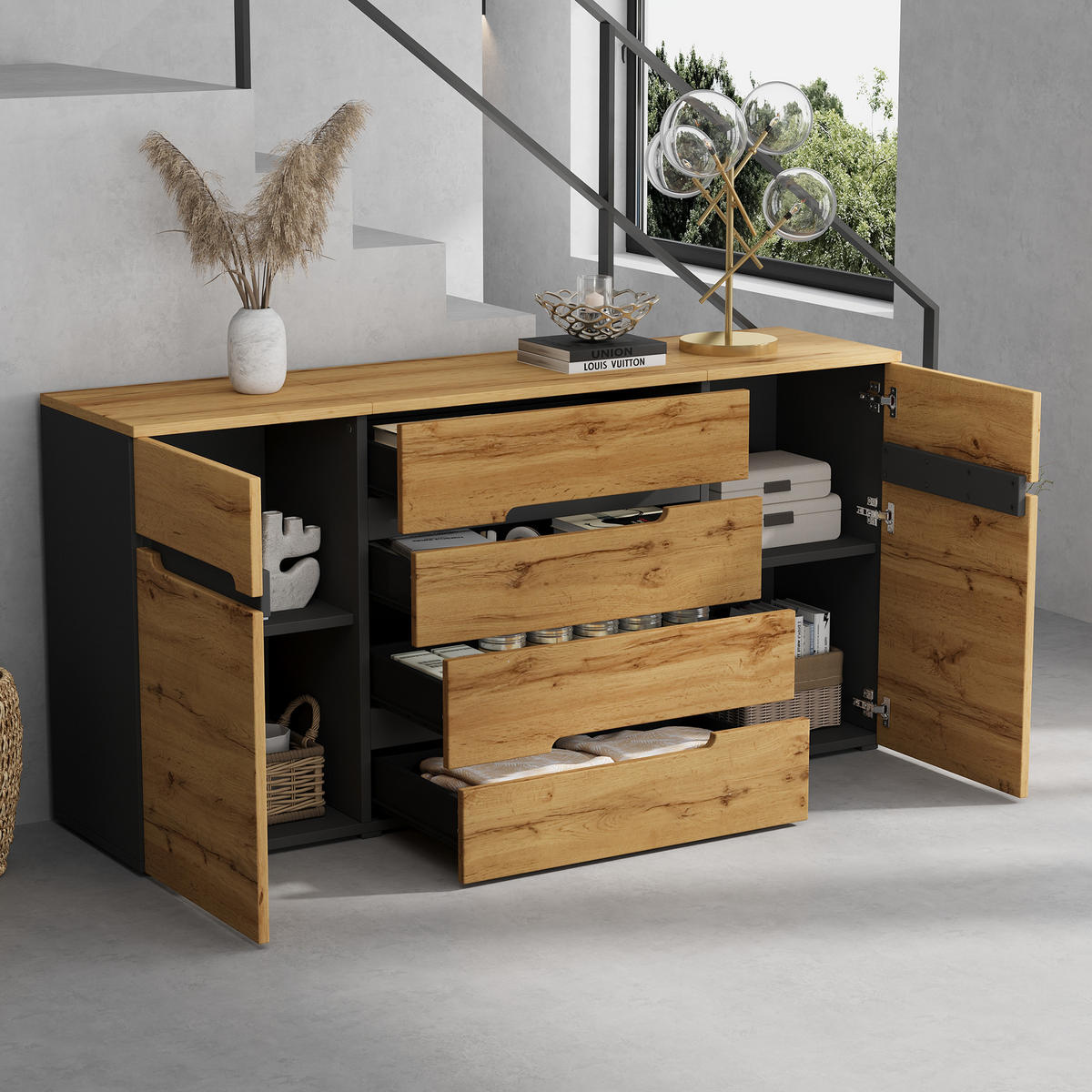 SIDEBOARD 160cm 2 Türen 4 Schubladen Holz Schwarz grifflos modern - Schwarz, Holzwerkstoff (40/80/160cm) - FLIEKS