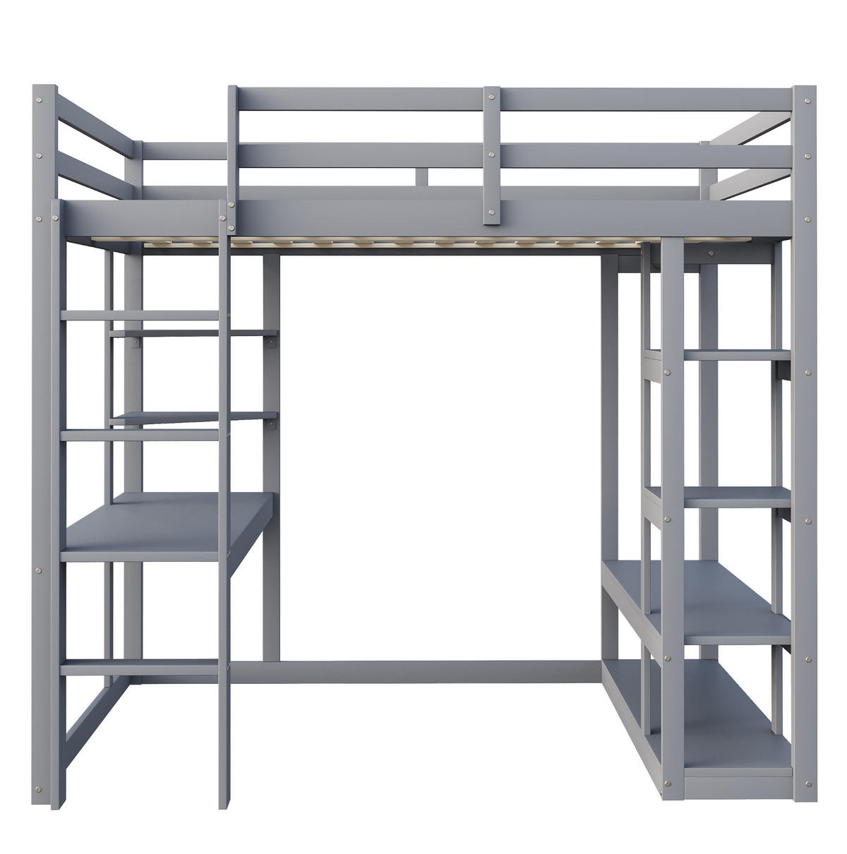 HOCHBETT aus Kiefernholz 140x200 cm Grau mit Schreibtisch, Regalen und Kleiderstange - Grau, Holzwerkstoff (140/200cm) - IVMEU