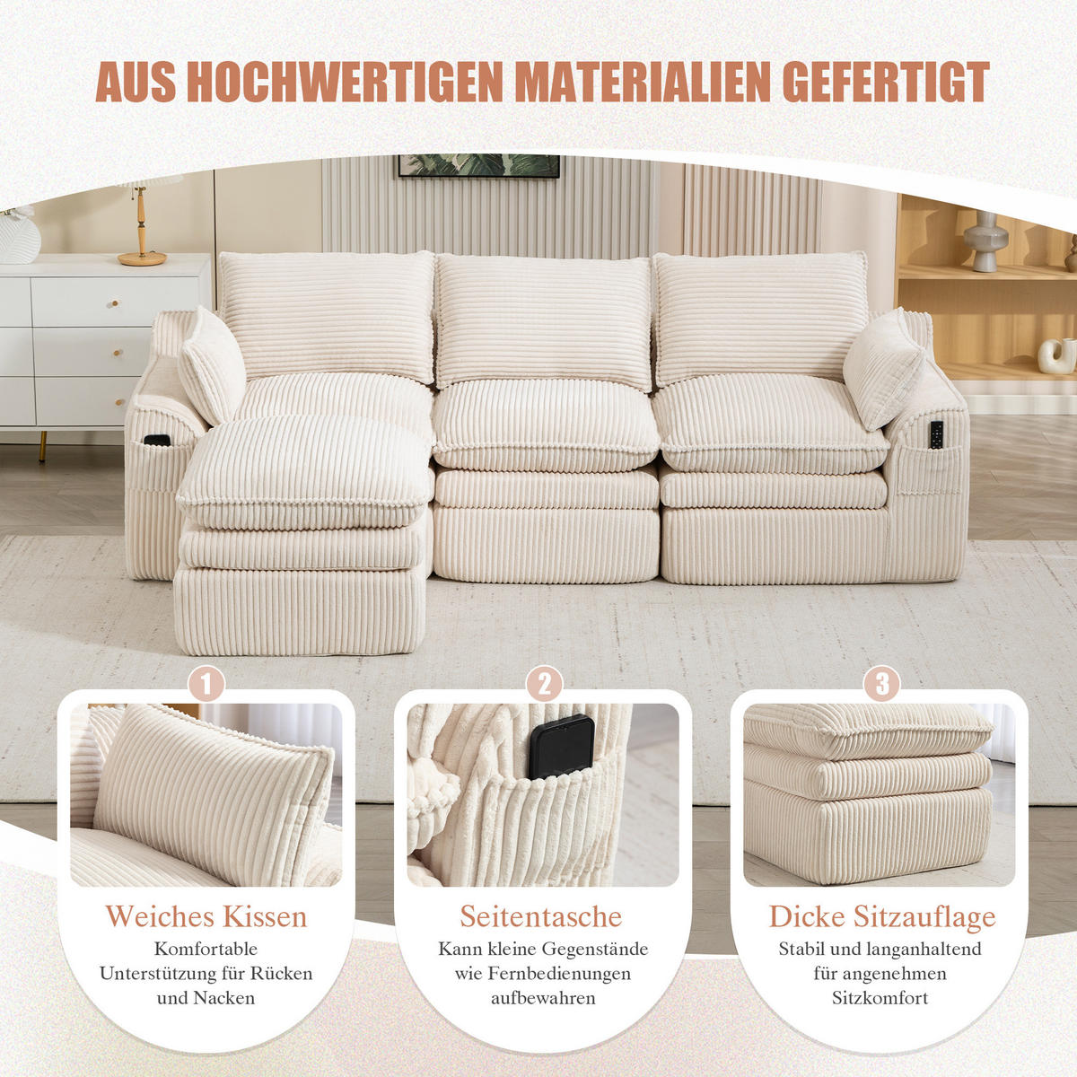 3-STIZER Sofa 263/167/85 cm mit Hocker, Seitentaschen und Federkern, Cord Beige - Beige, Textil (263/85/167cm) - Redom