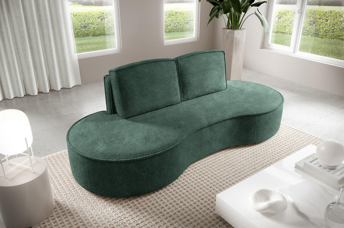 SOFA Molly – Freistehendes halbrundes Designsofa mit zwei eleganten, abnehmbaren RückenKissen, Abriamo Stoff, Größe: 234x101x88 cm, Grün - Grün, Holz/Textil (234/88/101cm) - DomoHome
