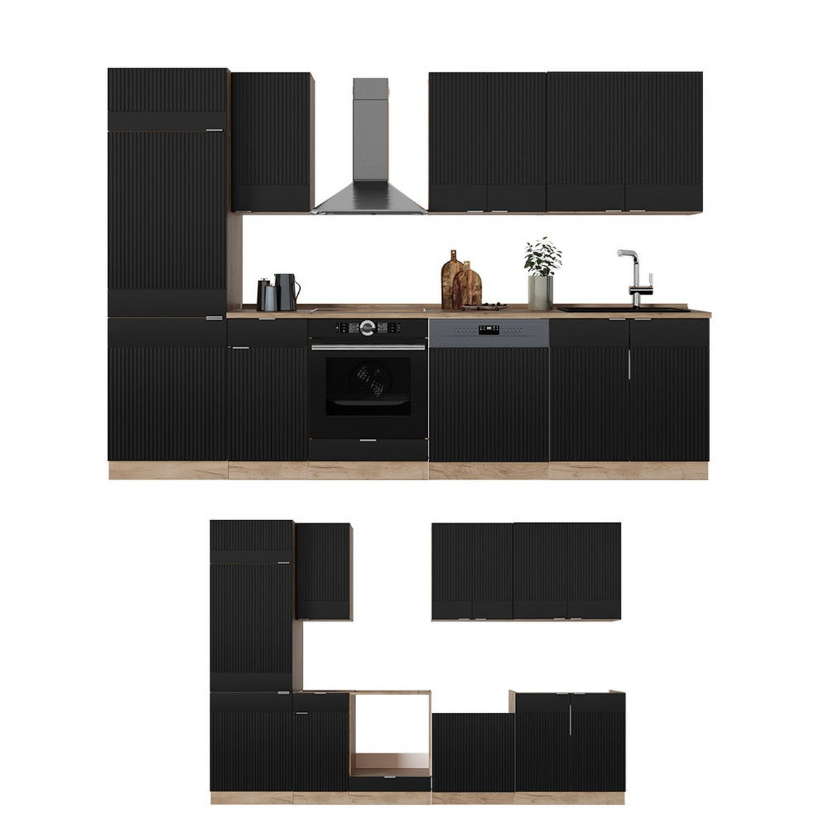 KUHINJSKI BLOK Fame-Line Crna Prugasta/Zlatna Snaga Hrasta 300 cm , RP Hrast - hrast medunac/crna, drvni materijal (300/206.8/60cm) - Vicco