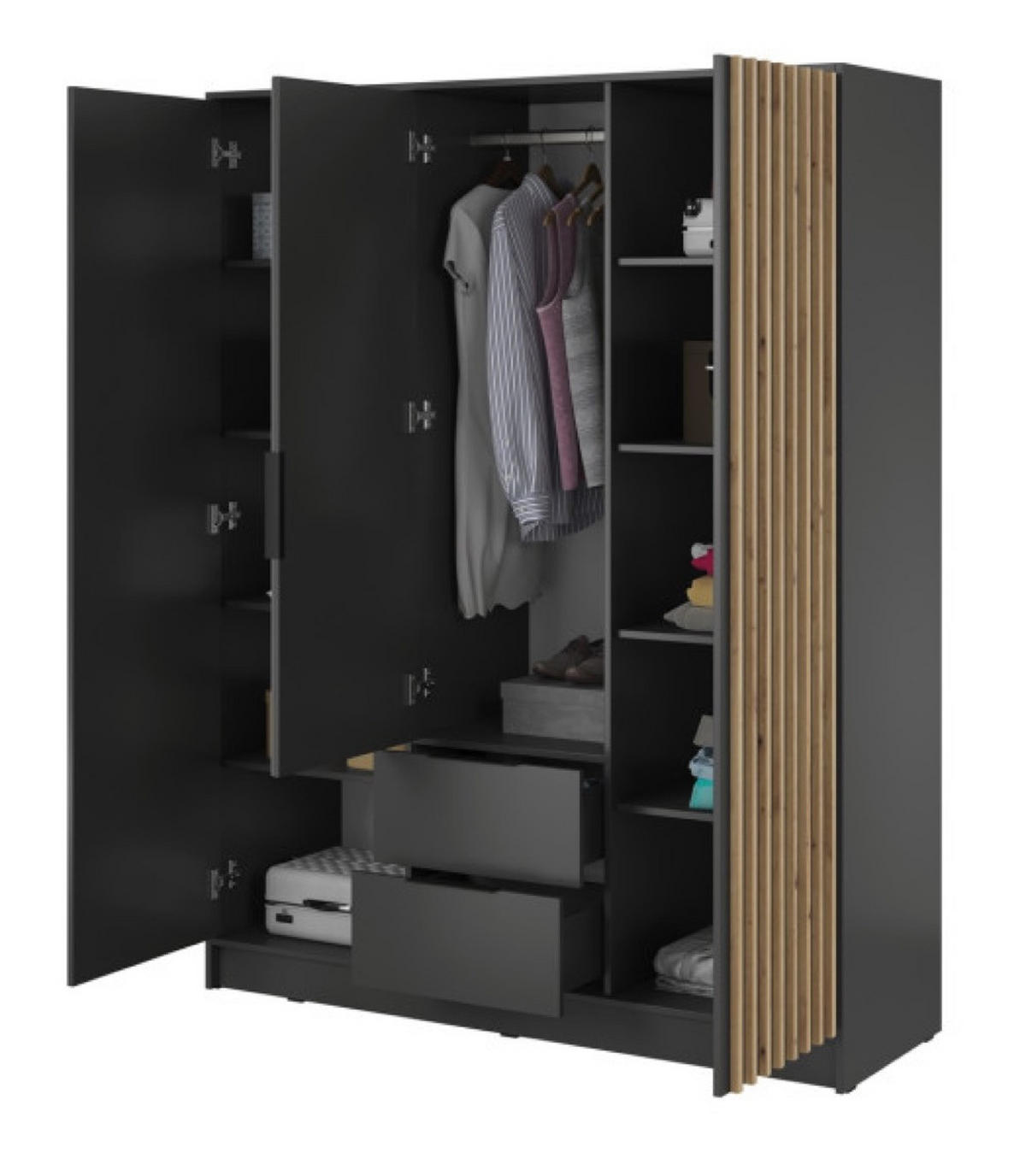 SCHRANK Grafit KELLY Mit Lamellen Und Spiegel 155 cm - Transparent/Graphitfarben, Holzwerkstoff (155/200/51cm) - Sepro Meble