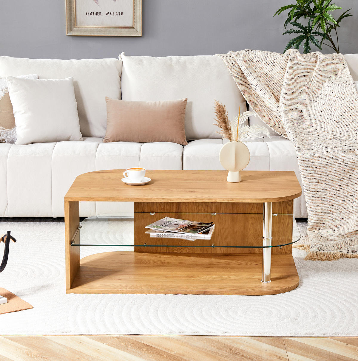 COUCHTISCH 100/60/42 cm in Naturholzoptik aus MDF und Glas mit Stauraum - Naturfarben, Holzwerkstoff (100/60/42cm) - OKMYHOME