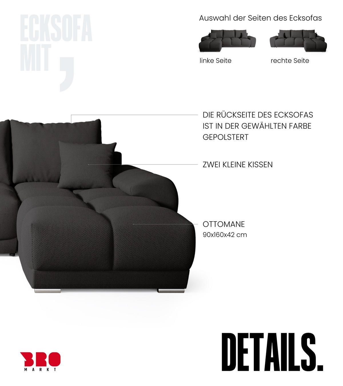 ECKSOFA Nubes mit Schlaffunktion Graphite - Anthrazit/Silberfarben, Kunststoff/Textil (290/180cm) - Bromarkt