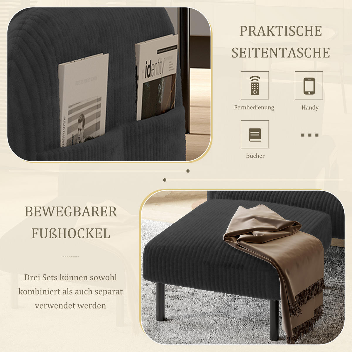 2-SITZER-SOFA Stoffcouch mit Seitentaschen,Cord,Grau - Schwarz, Textil (120/79/75cm) - LVHOM